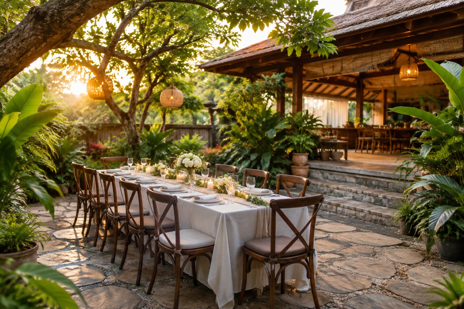 A small wedding reception arranged in a leafy garden courtyard.