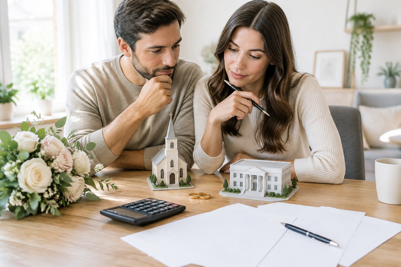A couple compares wedding venue options and costs at a table.