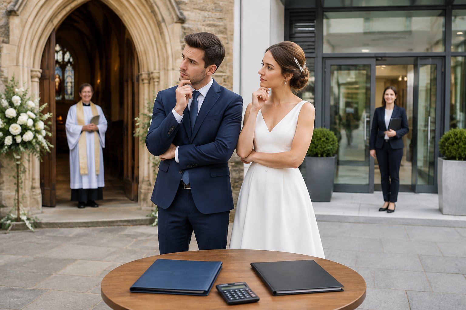 A couple compares a church and a registry office as wedding venues.