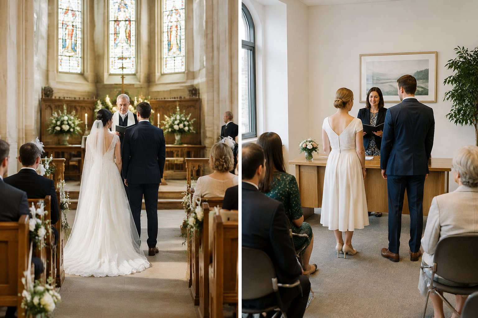 Two couples take part in wedding ceremonies in a church and a registry office.