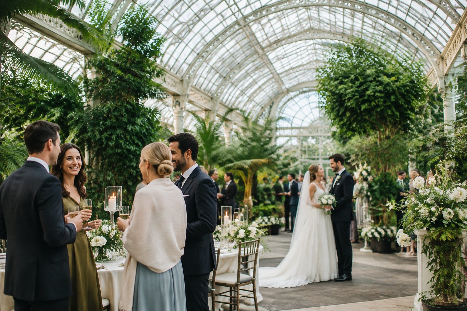 A bride and groom celebrate with guests inside a glass conservatory surrounded by gardens.