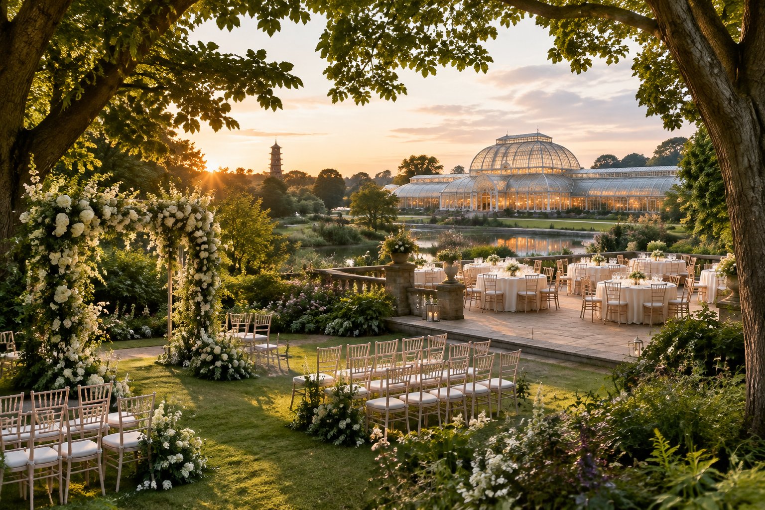 A garden ceremony, terrace reception, and illuminated glasshouse surrounded by greenery.