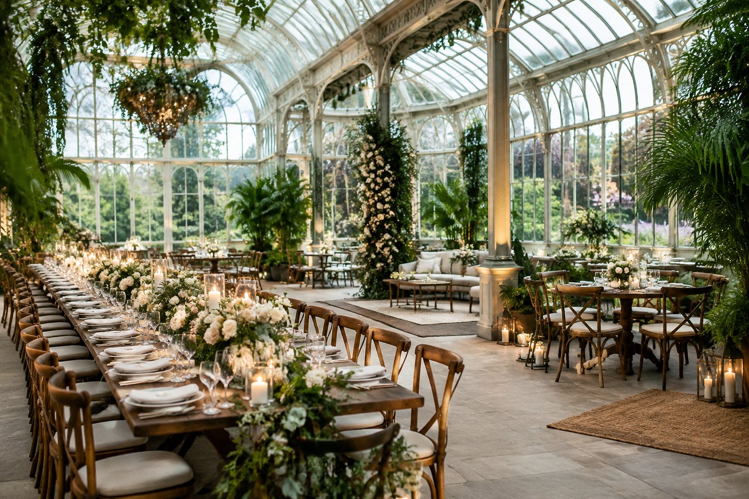 A wedding reception set among plants inside a glasshouse.