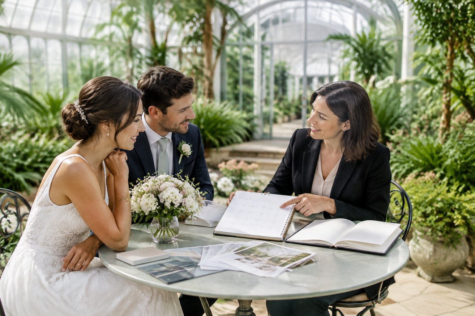 A couple discusses wedding plans with a coordinator in a glass conservatory.