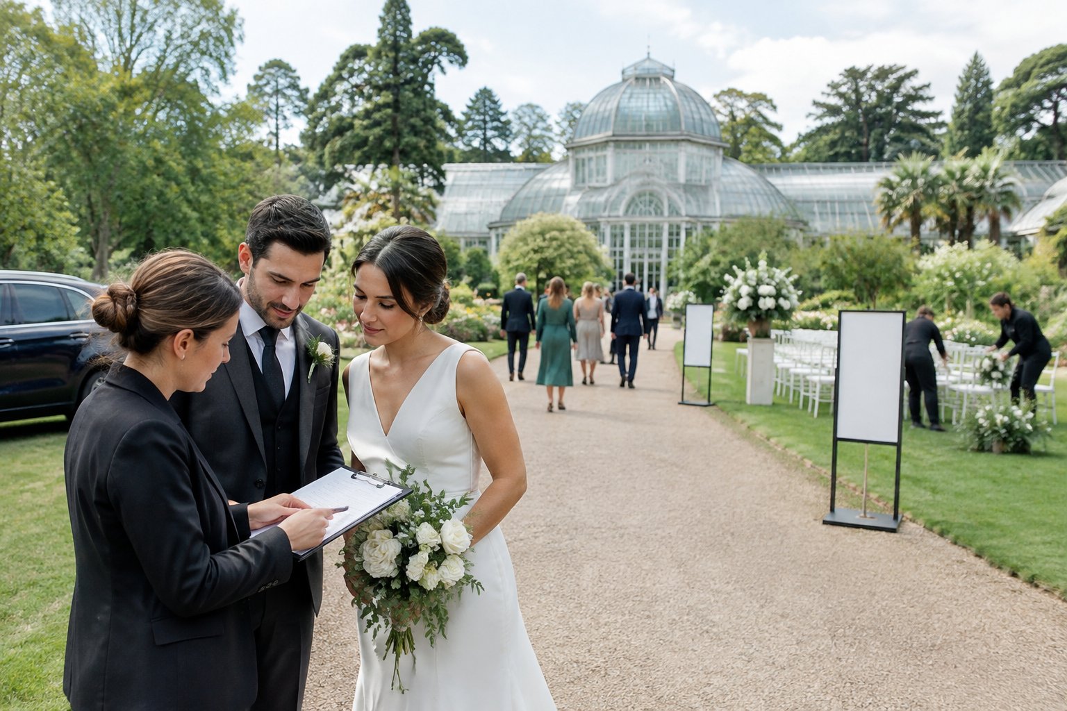 A couple and wedding coordinator review a schedule beside a garden wedding venue.