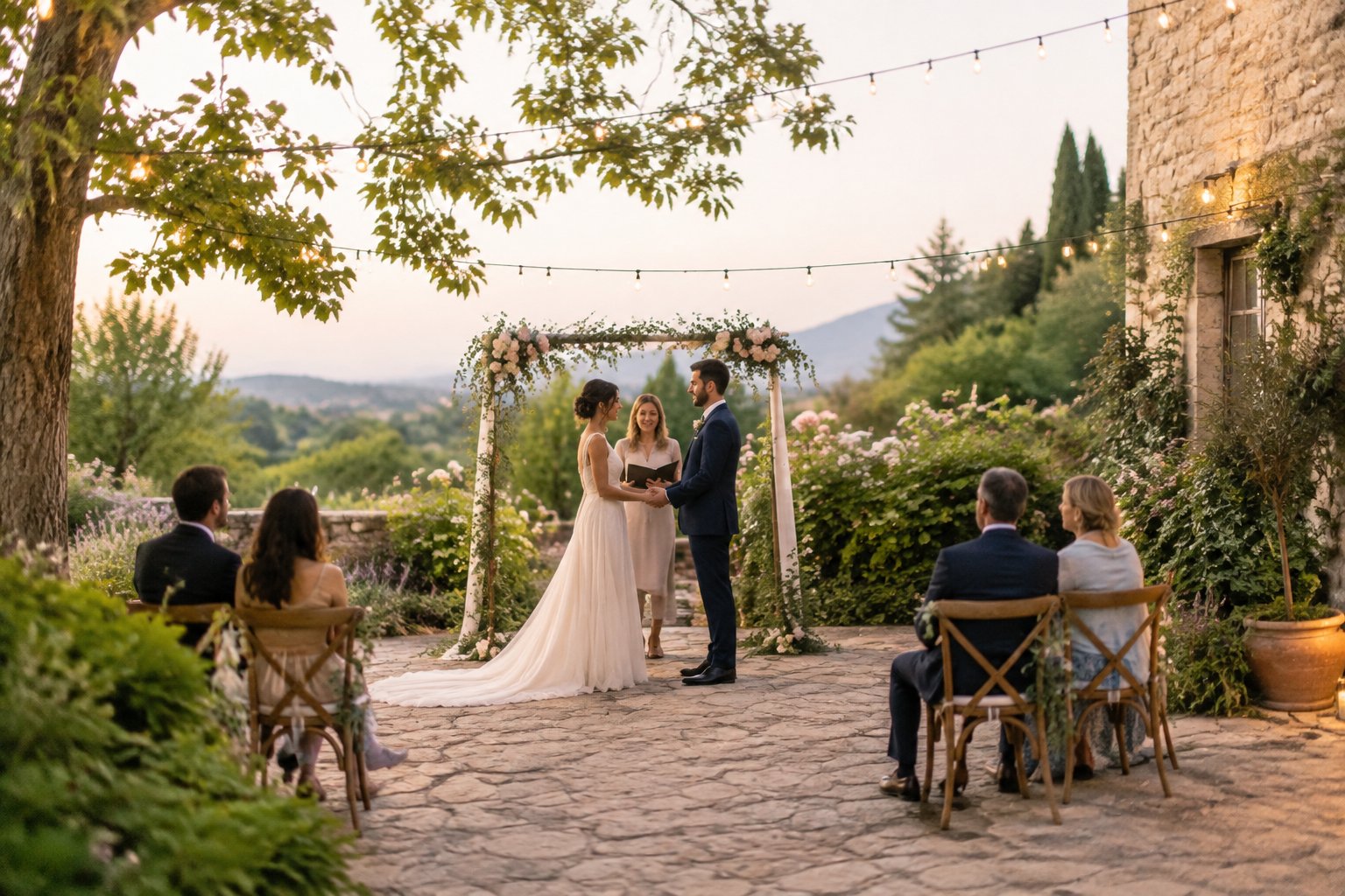 A couple celebrates their wedding beneath a flower-covered arch in a garden courtyard with a few guests nearby.