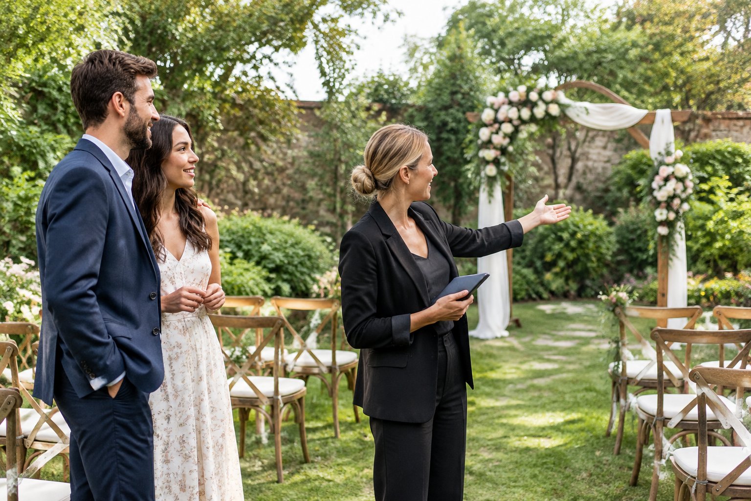 A couple and wedding planner look over a small garden wedding venue.