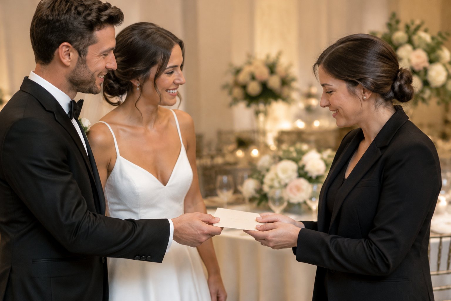 A newlywed couple gives an envelope to their wedding planner at a reception.