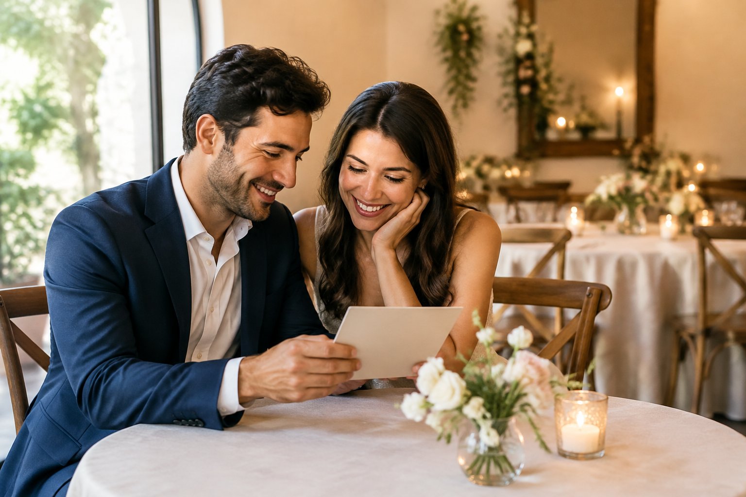 A couple sits together at a small table in a warmly lit venue.