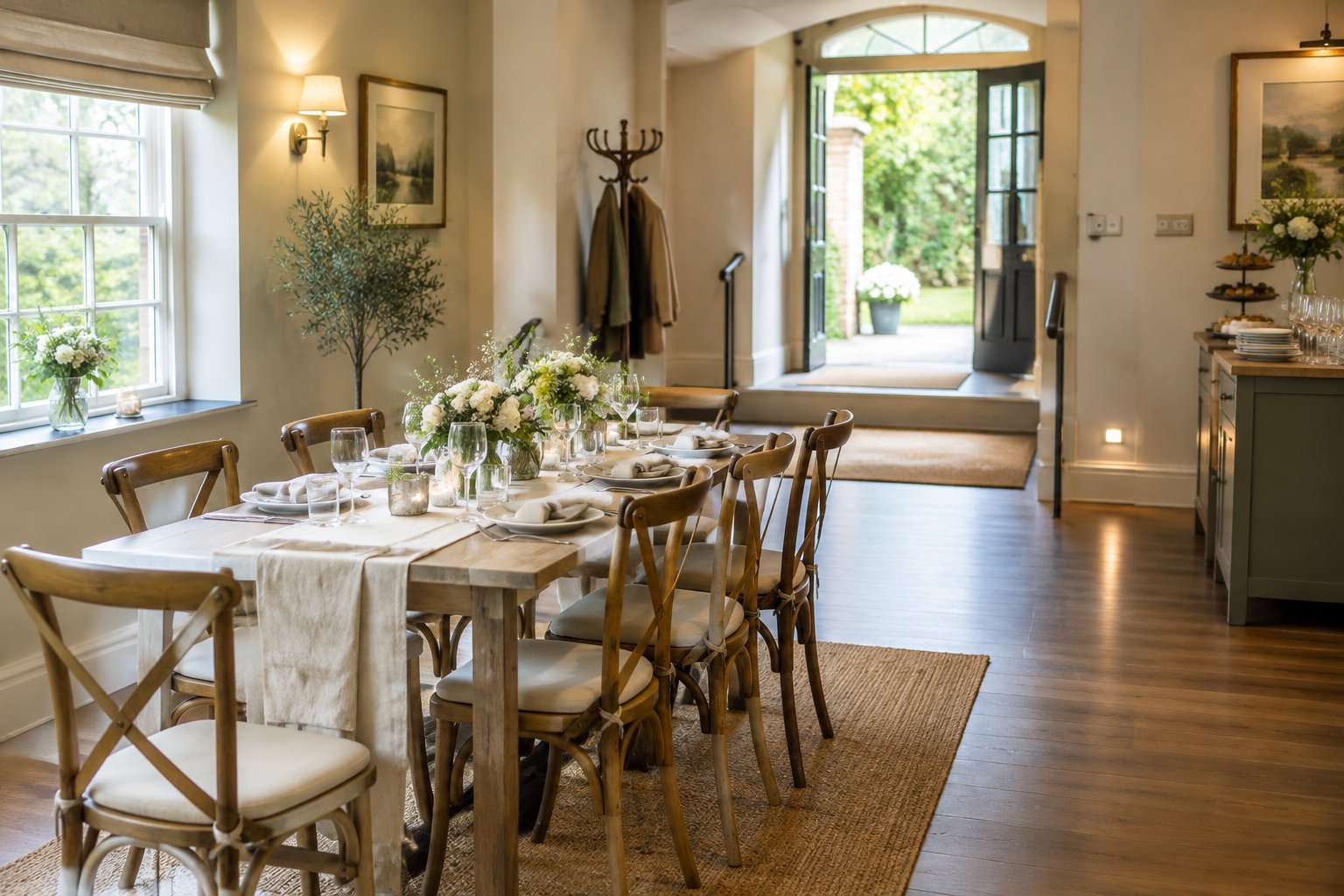 A small wedding reception setup with arranged chairs, a dining table, and clear walkways.