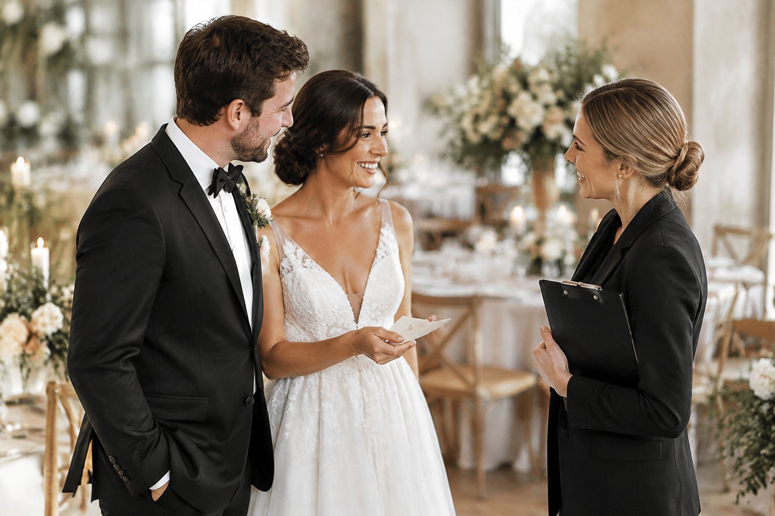 A newlywed couple thanks their wedding planner at a reception venue.