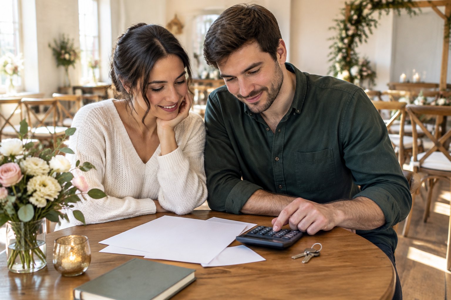 A couple reviews wedding venue costs together at a small venue.