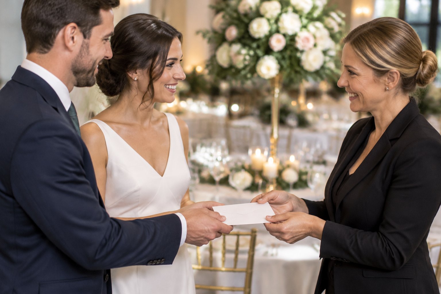 A couple gives an envelope to their wedding planner at a reception.