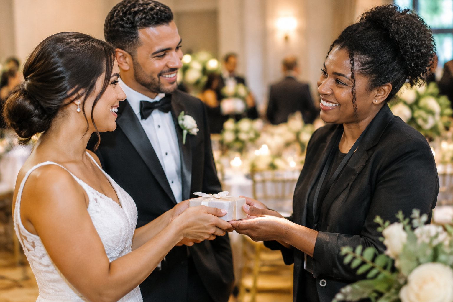 A newly married couple gives their wedding planner a thank-you gift at the reception.