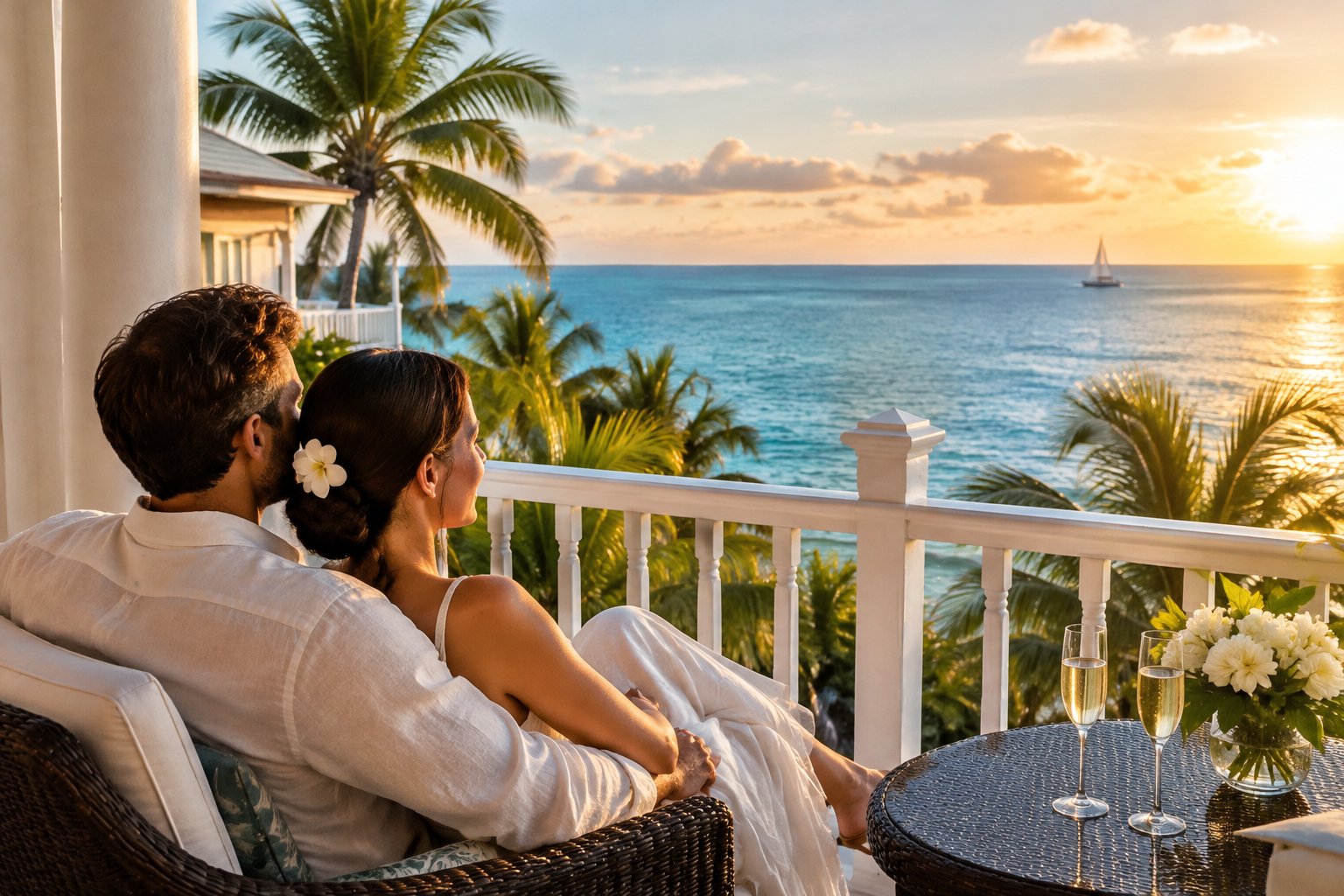 A newlywed couple relaxes on a resort balcony overlooking the ocean.