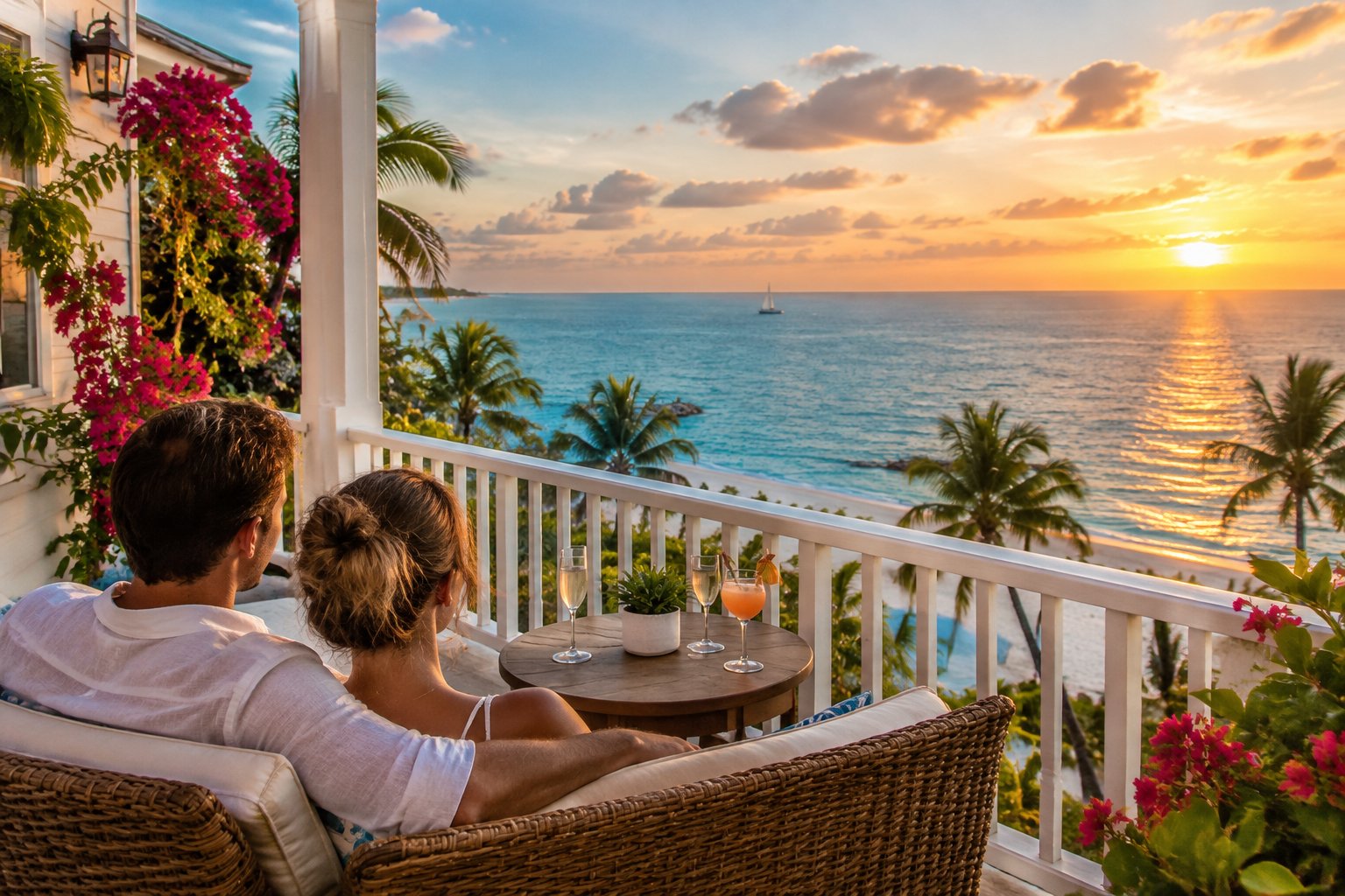 A couple relaxes on a resort balcony overlooking the ocean at sunset.