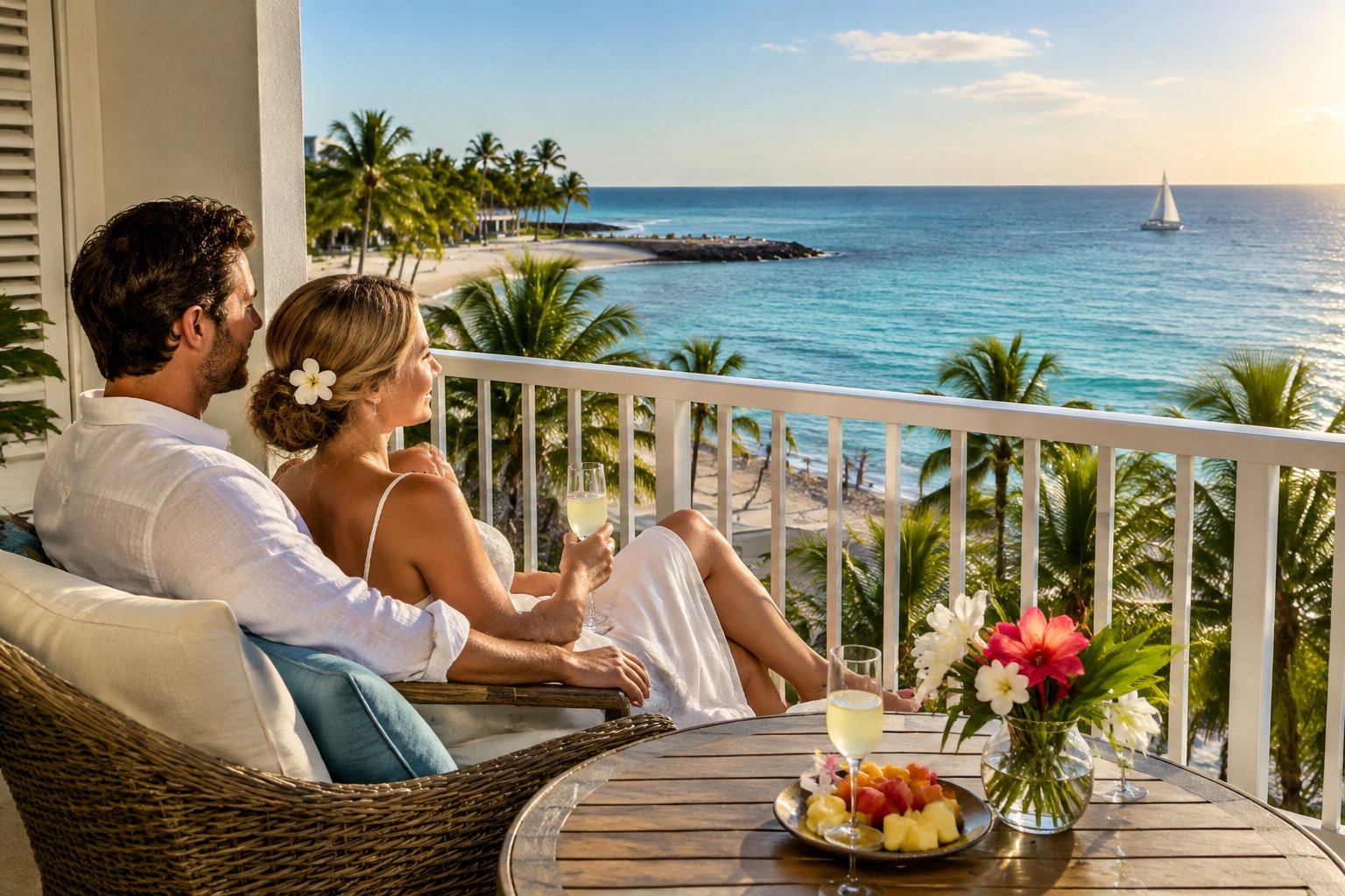 A newlywed couple relaxes on a resort balcony overlooking the ocean.