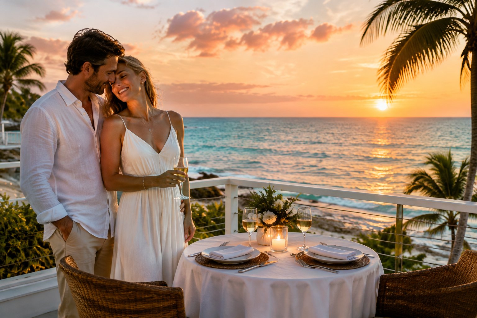 A newlywed couple shares a sunset moment on a terrace overlooking the ocean.