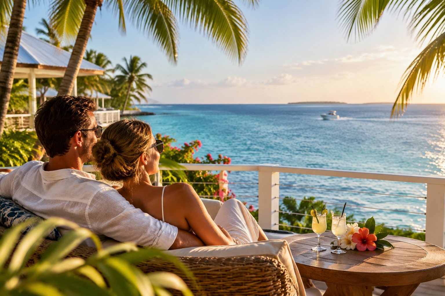 A newlywed couple relaxes on a tropical terrace overlooking the ocean.