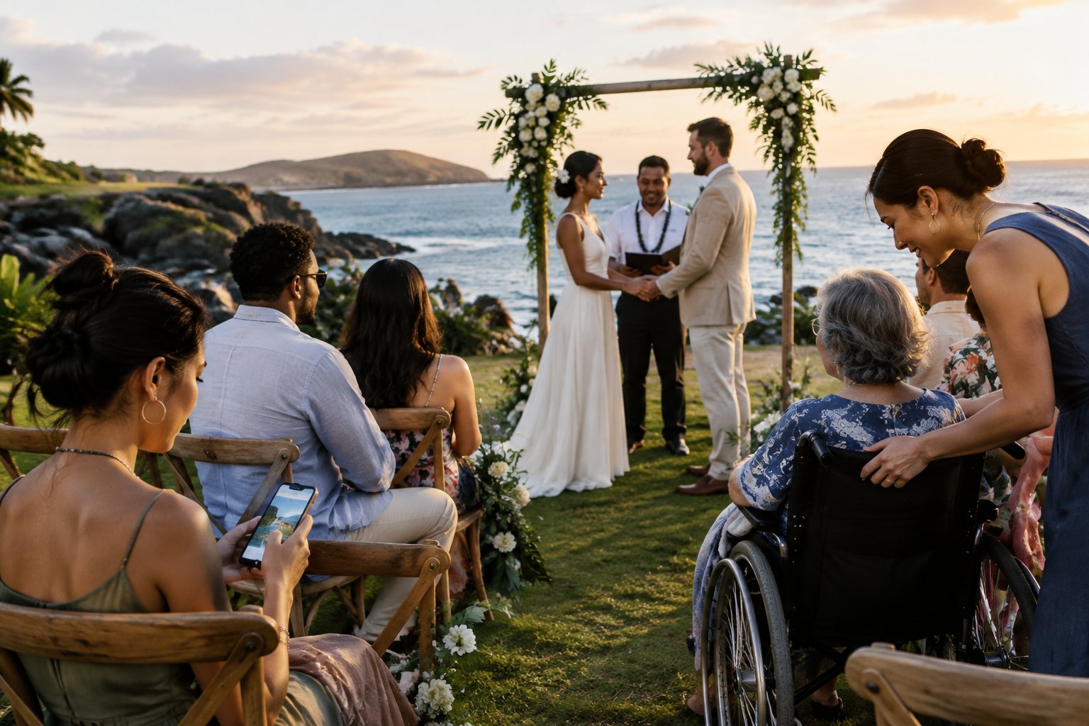 A couple exchanges vows at a seaside wedding as guests watch nearby.