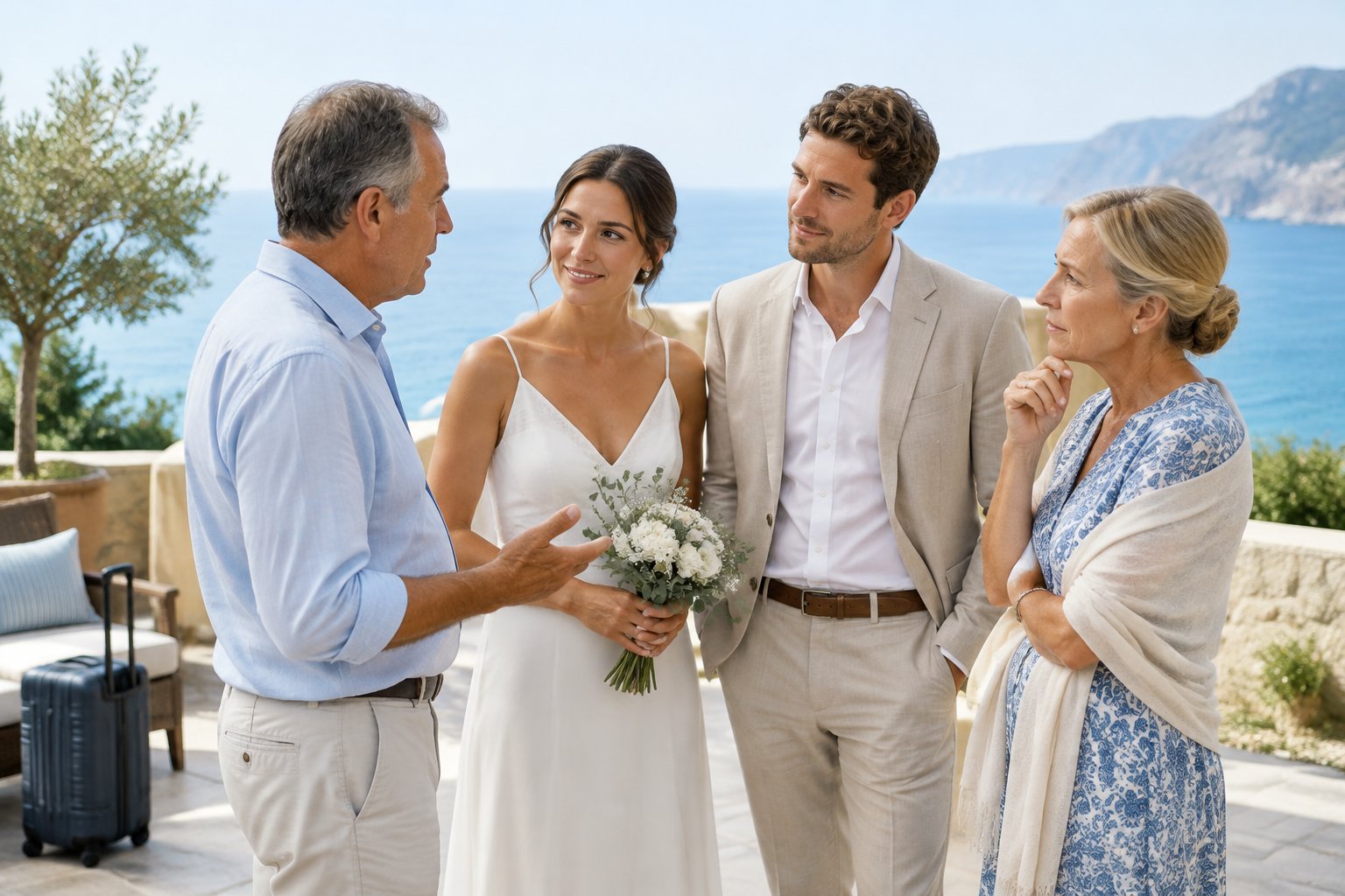 A couple in wedding attire discusses their destination wedding with two family members at a seaside resort.