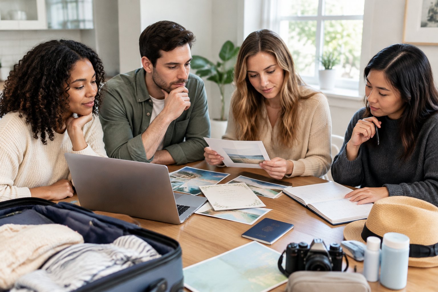 Friends review travel plans and expenses at a kitchen table.