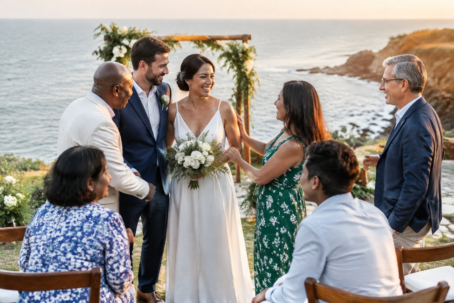 A couple celebrates their wedding with family and friends at a coastal destination.