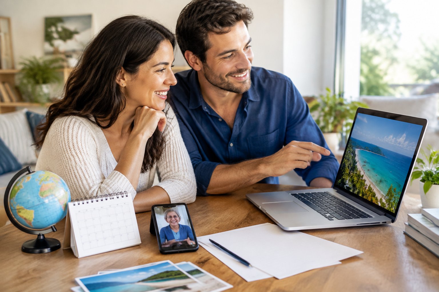 A couple discusses destination wedding plans at a table while an older relative joins by video call.