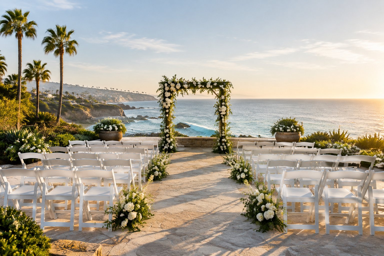 A seaside wedding ceremony setup overlooking the Pacific Ocean.