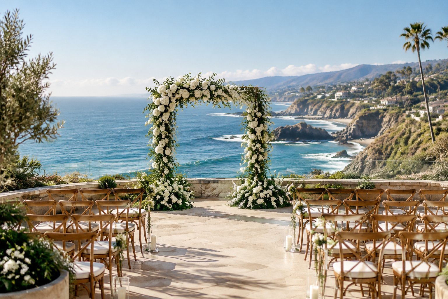 An outdoor wedding ceremony set on a terrace above the Pacific Ocean.