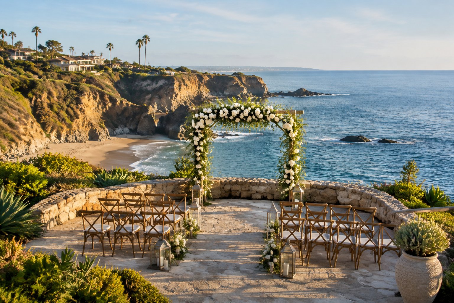 An outdoor wedding ceremony set on a terrace above the ocean, with coastal cliffs in the background.