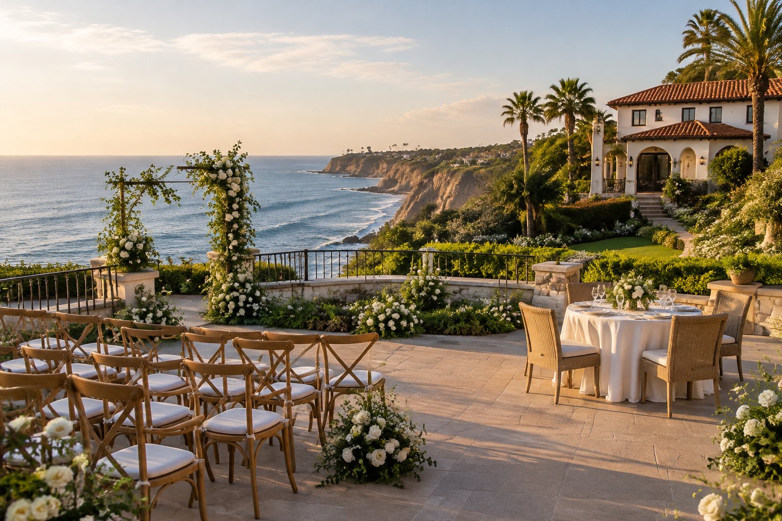 A wedding reception terrace overlooking the ocean near Laguna Beach.