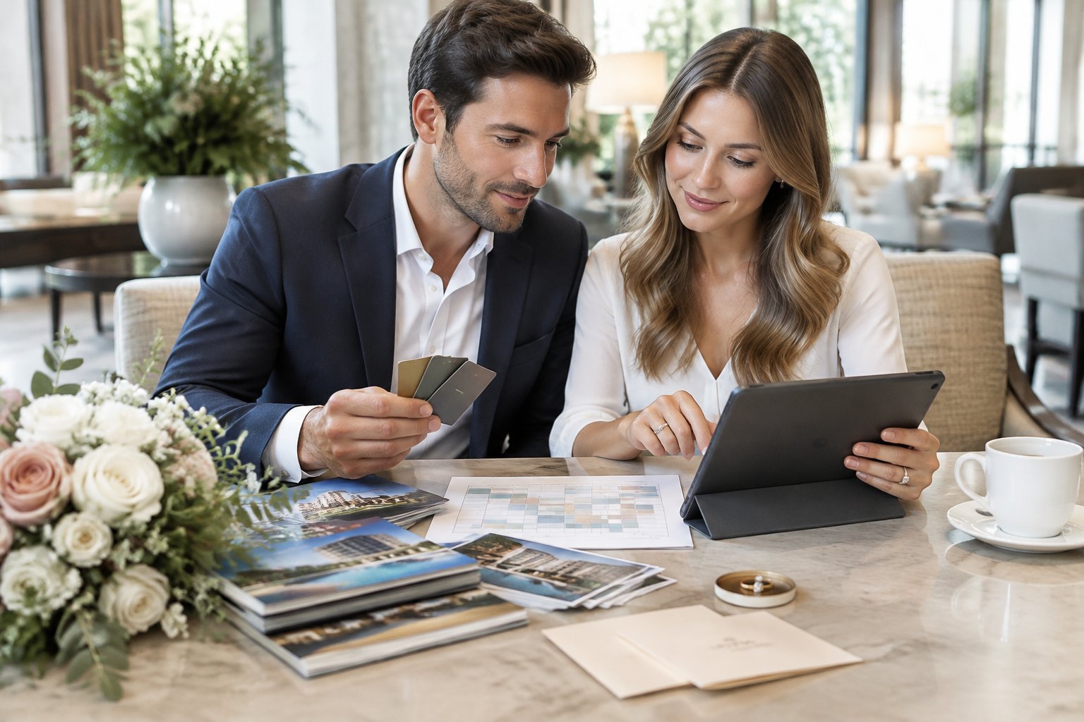 A couple reviews hotel options and guest accommodations while planning their wedding.