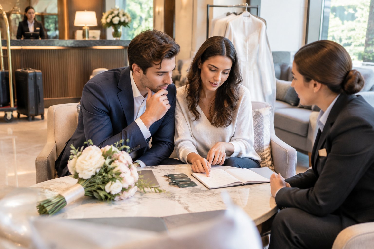 A couple discusses hotel accommodations with a staff member while planning their wedding.