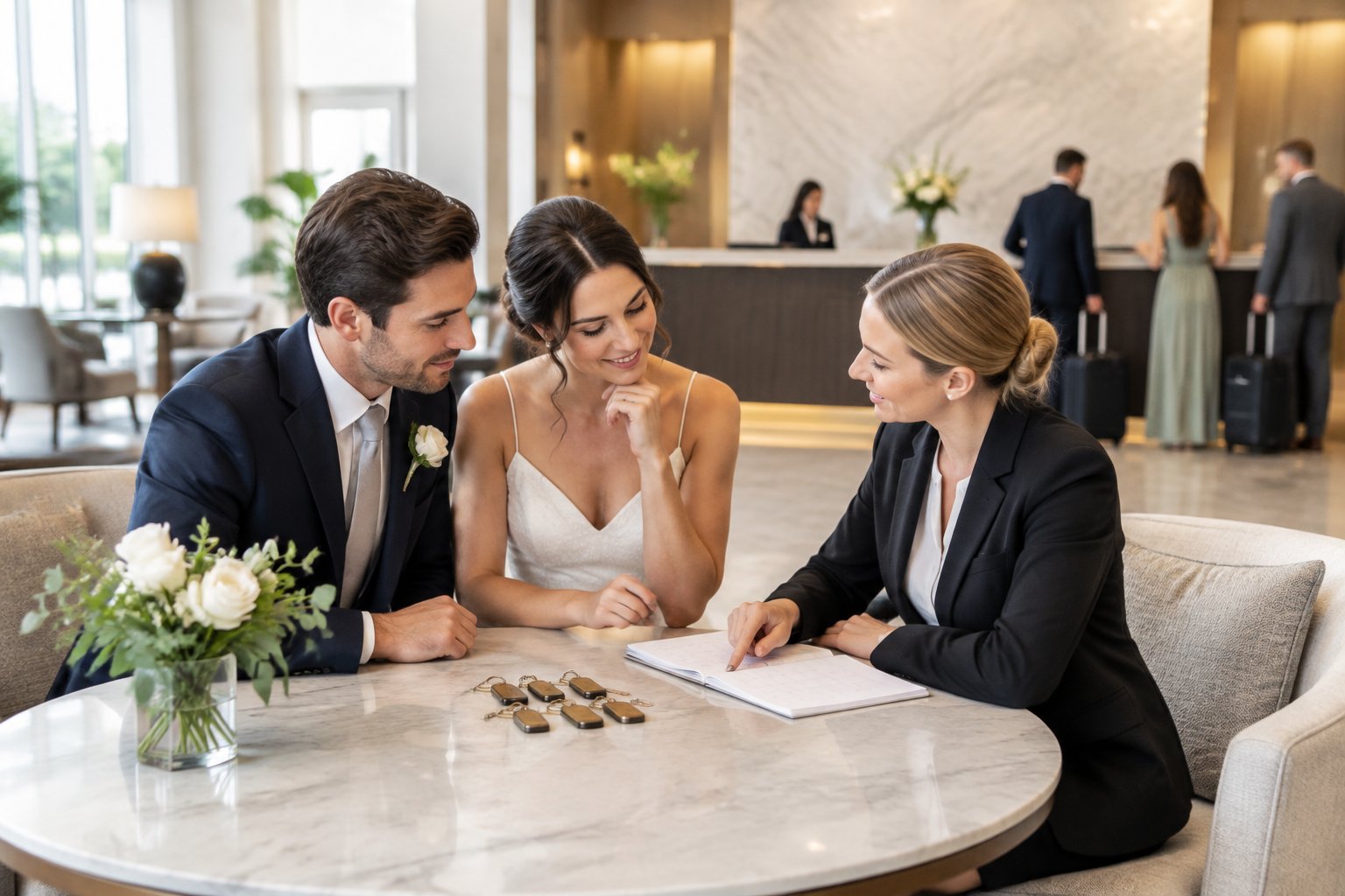 A couple discusses hotel rooms with a coordinator while wedding guests check in.