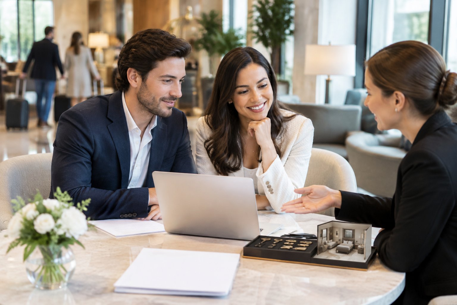 An engaged couple discusses hotel accommodation options with a hotel coordinator.