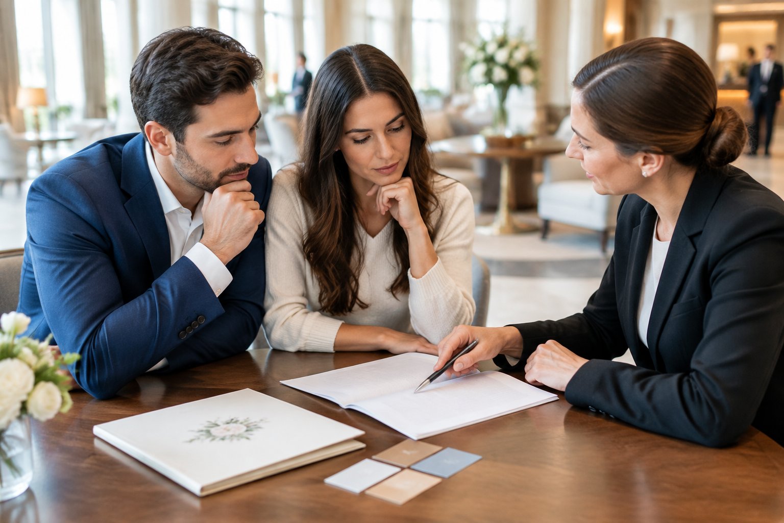 A couple reviews a hotel agreement with a hotel coordinator.