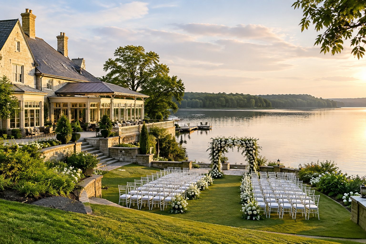A wedding ceremony setup overlooking a lake beside an elegant estate.