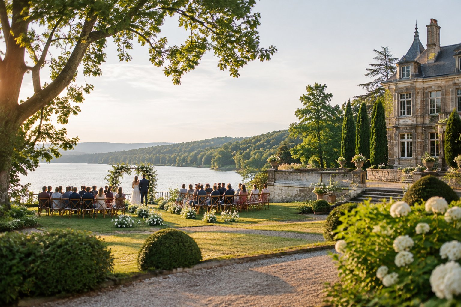 A wedding ceremony setup beside a lake at an elegant estate.
