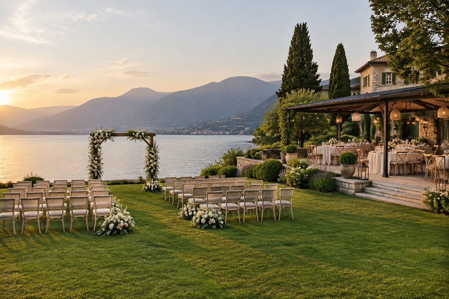 A lakeside estate lawn set for a wedding ceremony beside a reception terrace.