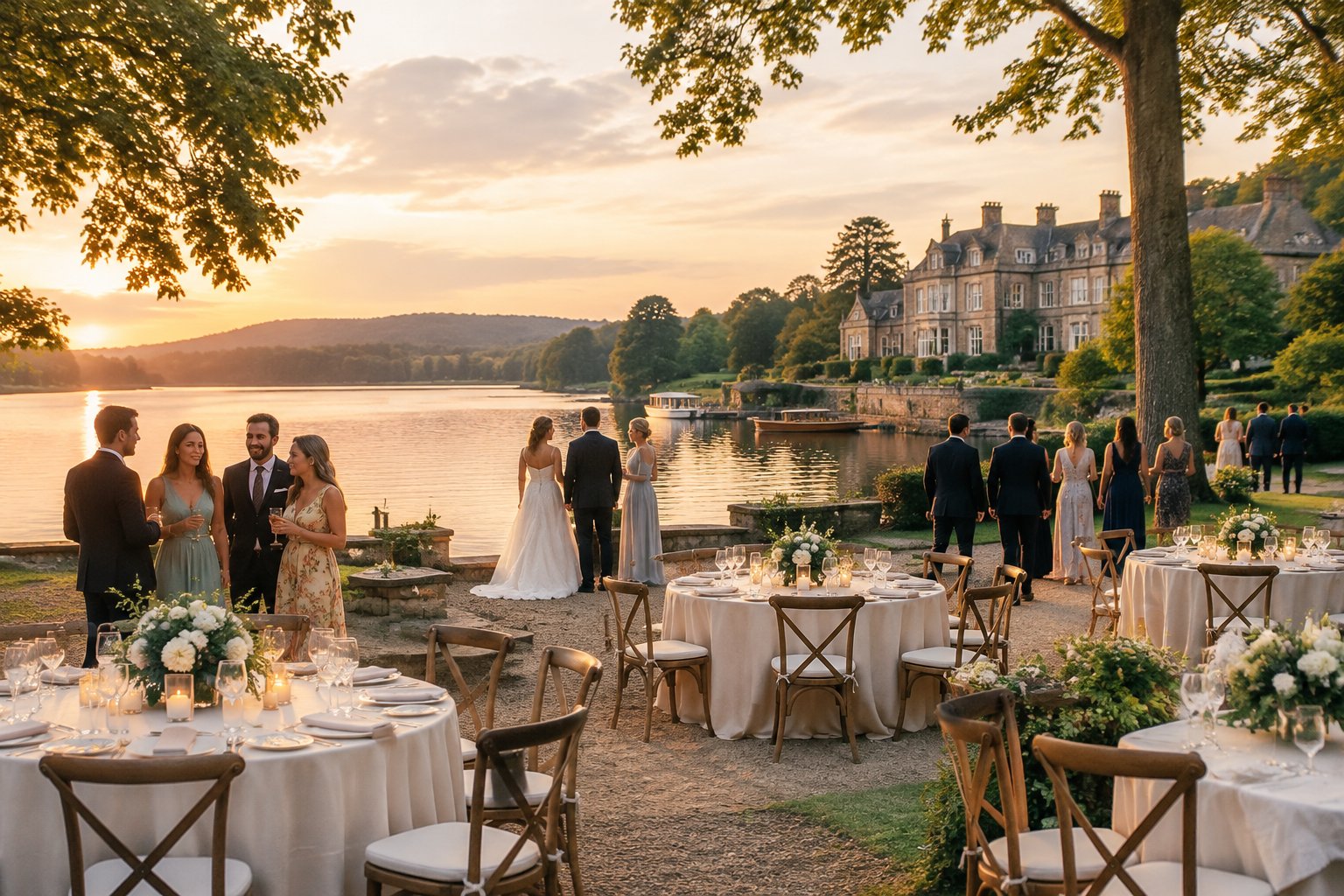 Guests gather for a wedding reception beside a lake at an estate.