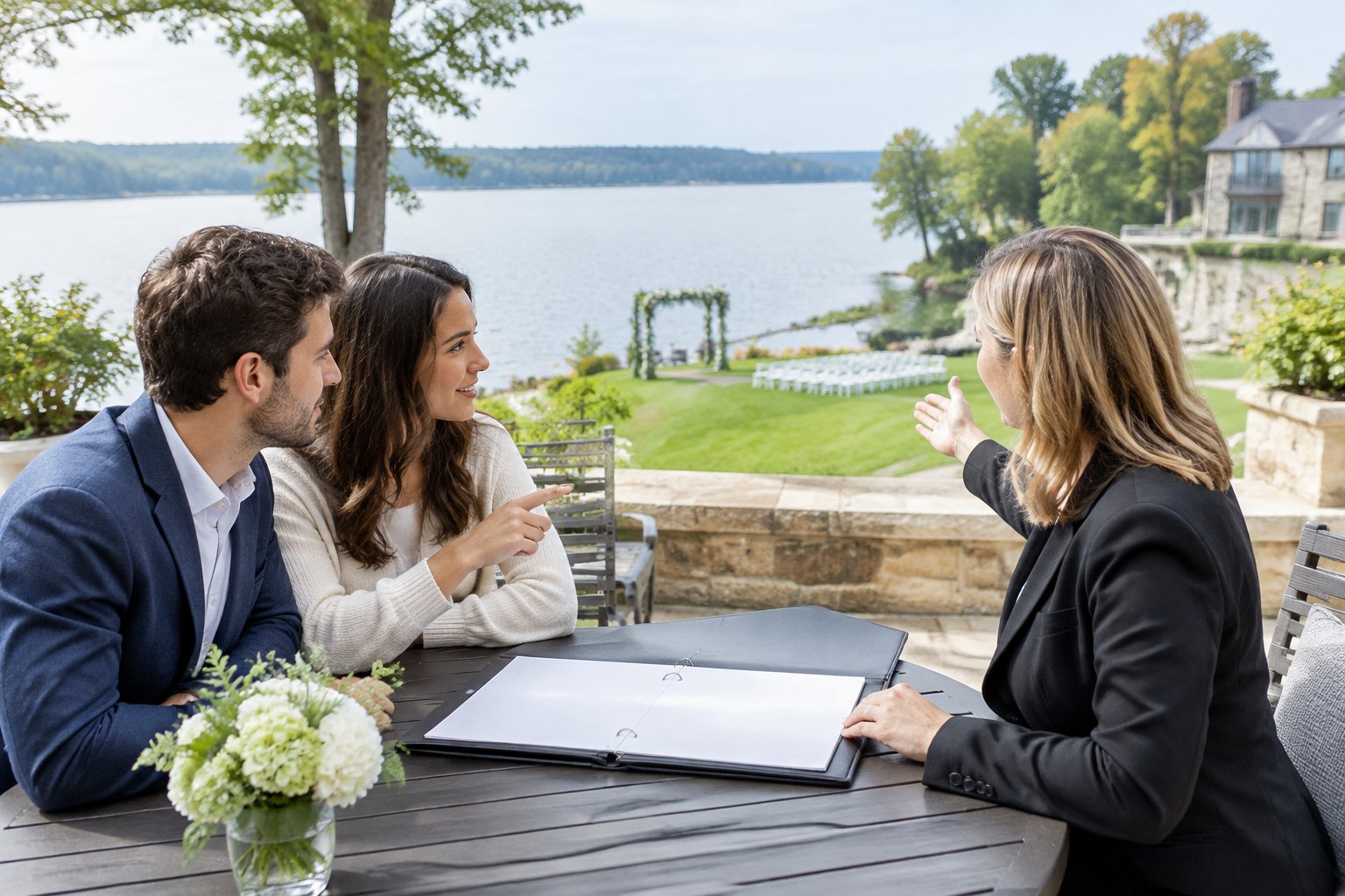 A couple discusses wedding plans with a venue representative beside a lake.