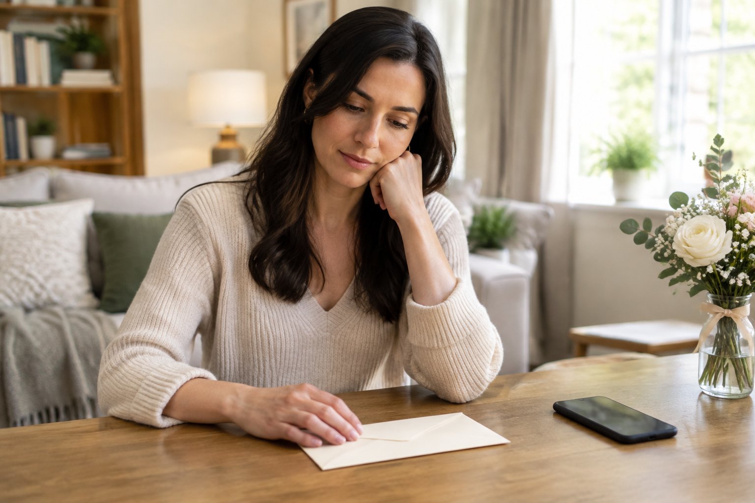 An adult thoughtfully considers a closed envelope at a table.