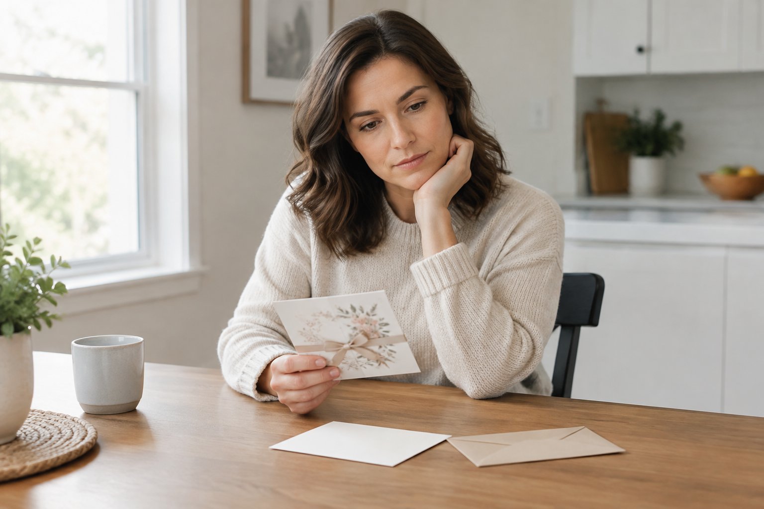 A person thoughtfully considers a wedding invitation at a kitchen table.