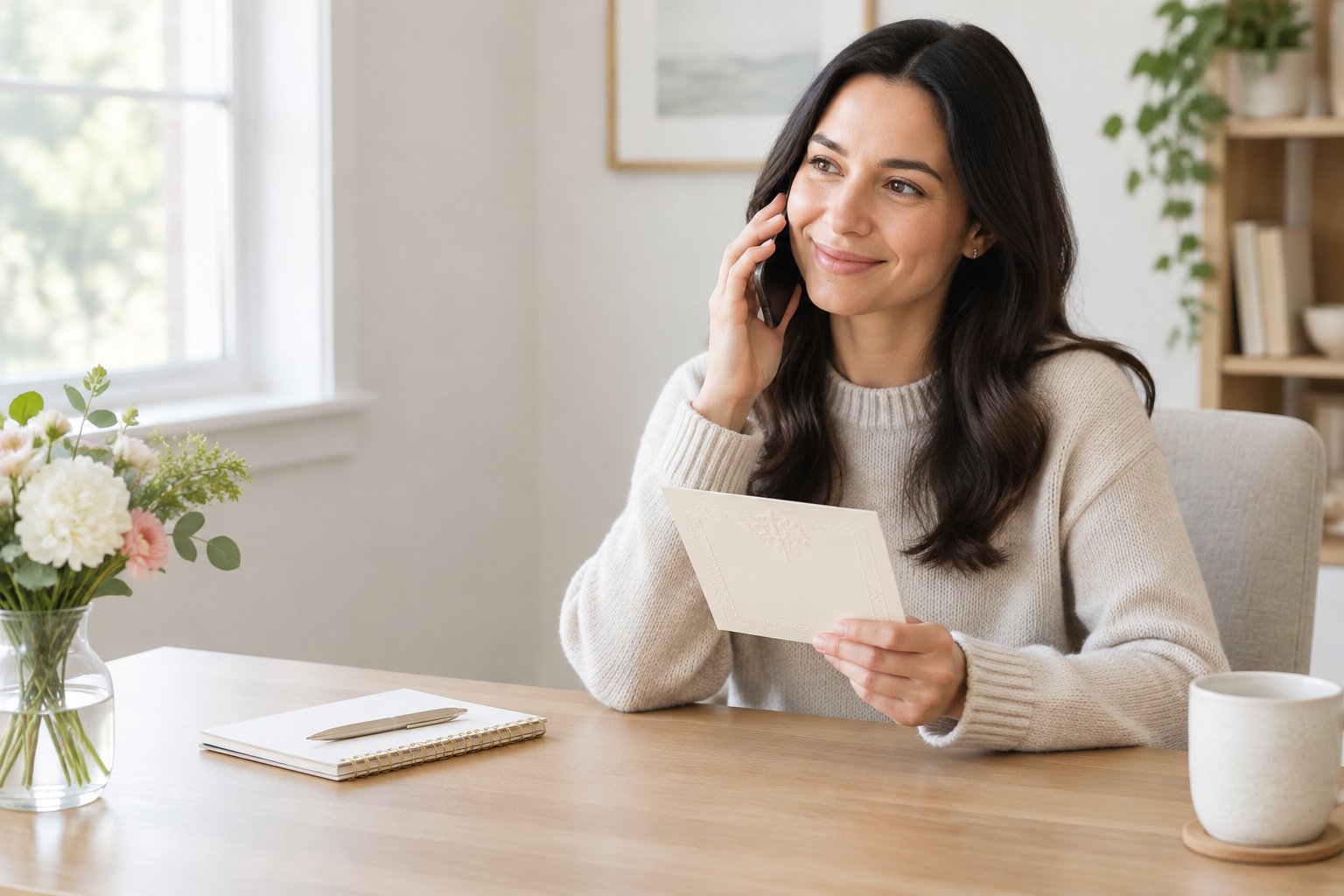 A person holds a wedding invitation while speaking warmly on a phone.