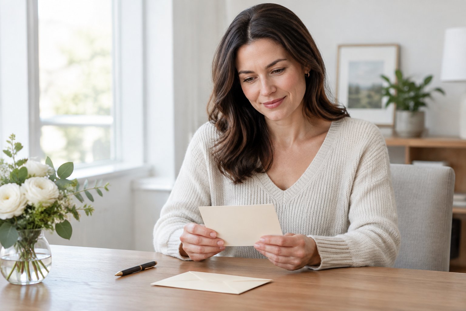 A guest thoughtfully prepares a response to a wedding invitation at a table.