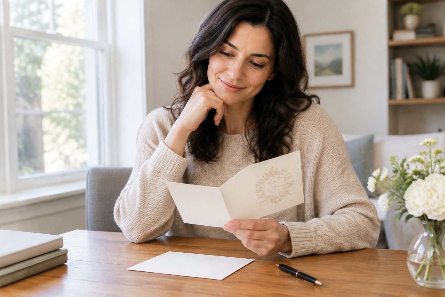A person thoughtfully considers a wedding invitation at a desk.