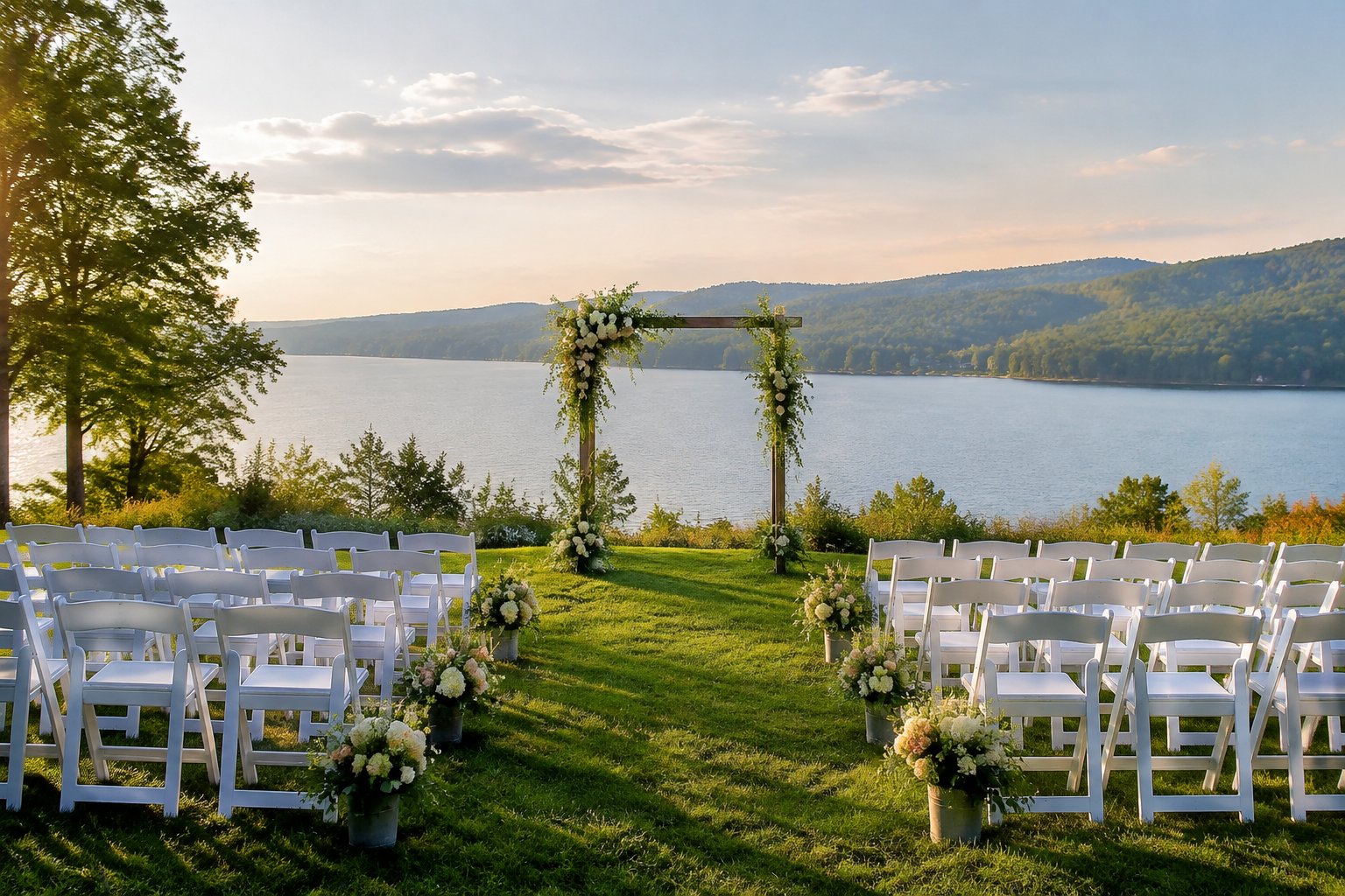 A wedding ceremony setup on a grassy ridge overlooking a lake and distant hills.