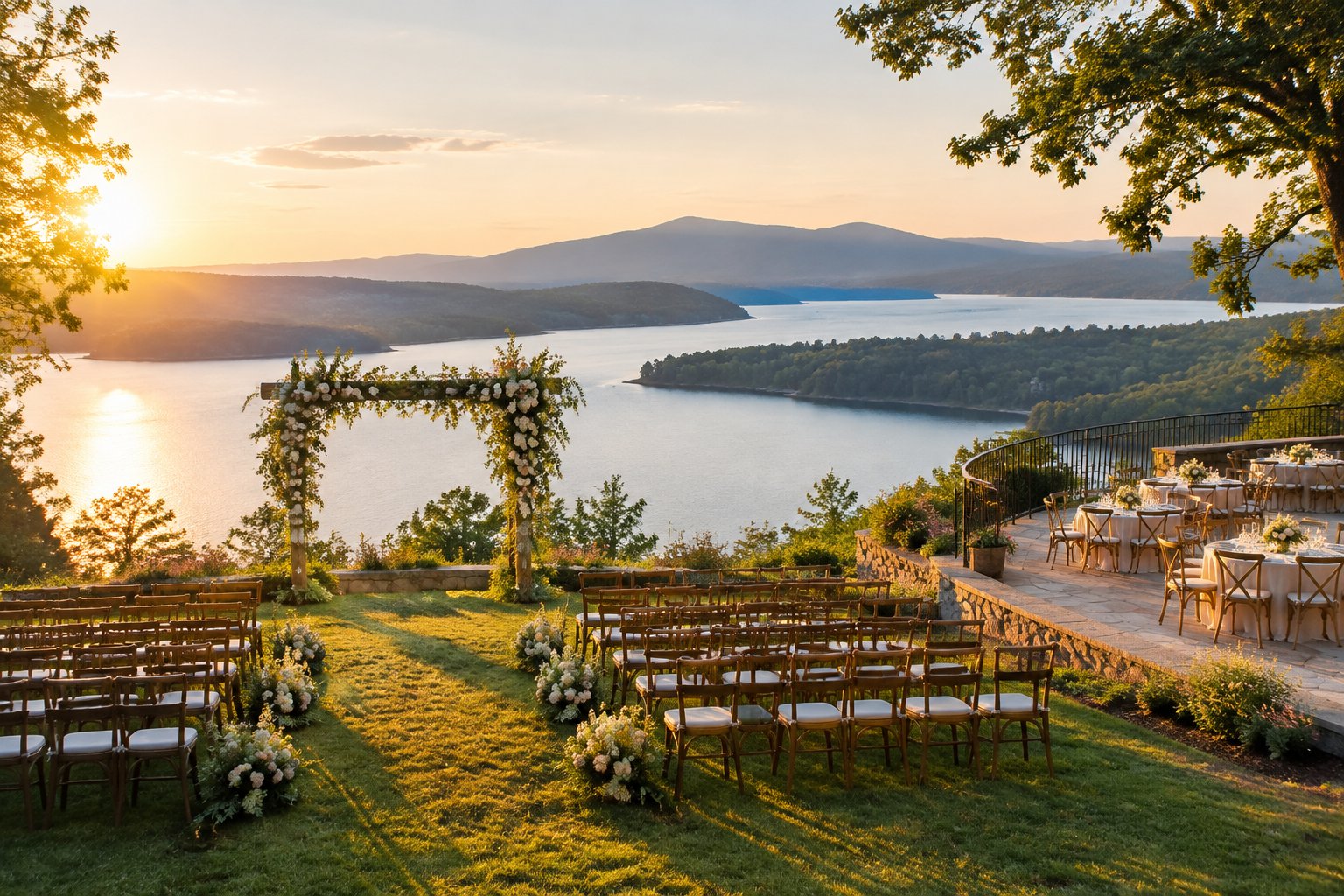 A wedding ceremony setup on a ridge overlooking a lake and wooded hills.