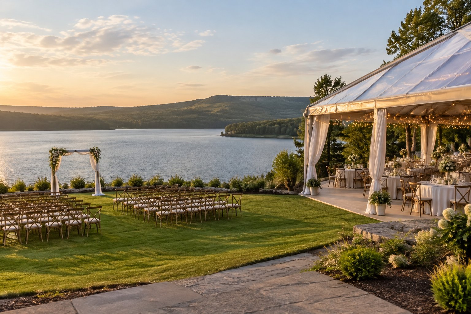 A lakeside wedding ceremony area beside a reception space with tables and chairs.